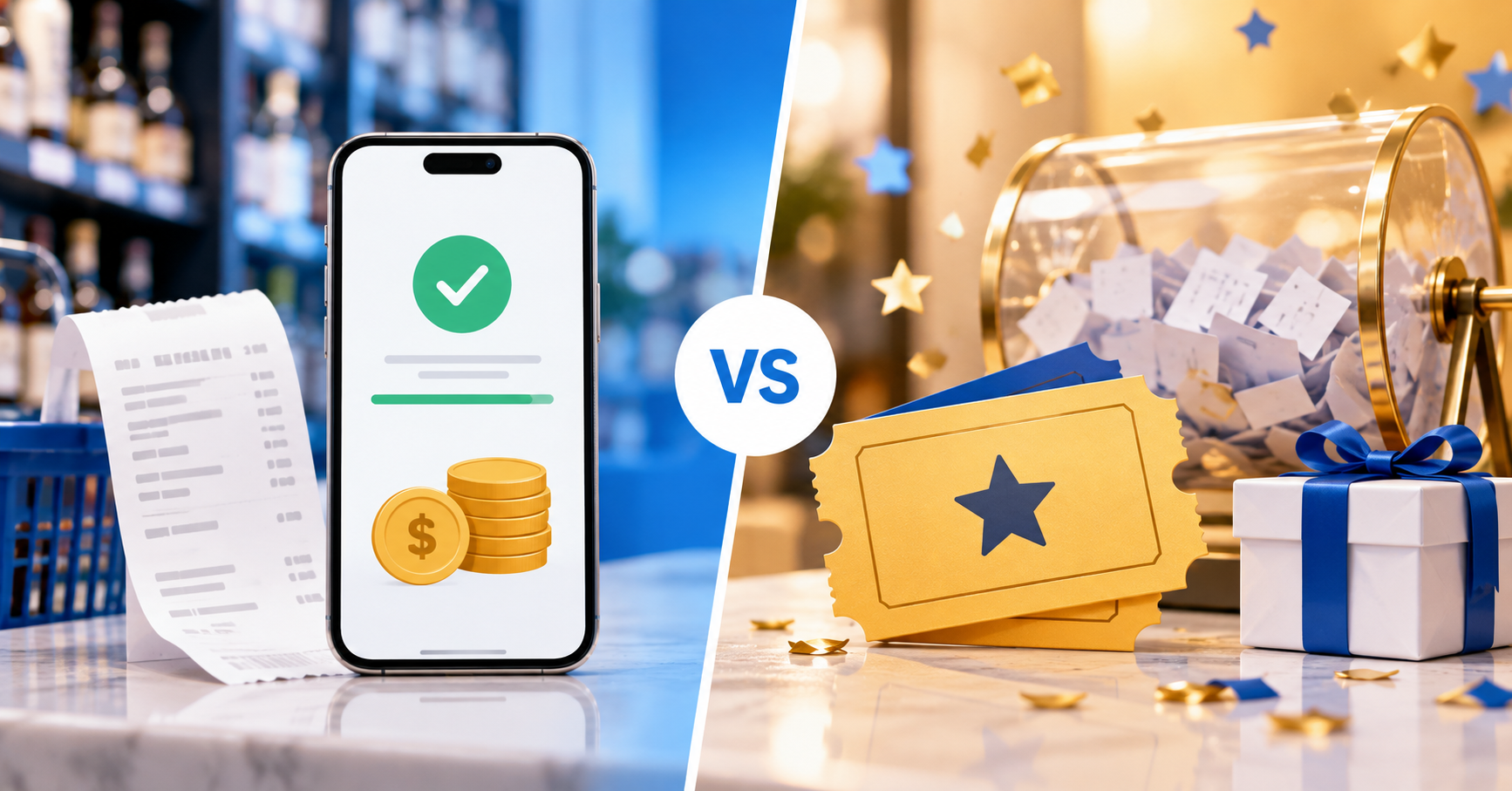 A cash-back confirmation and coins on one side, a raffle ticket and prize star on the other.