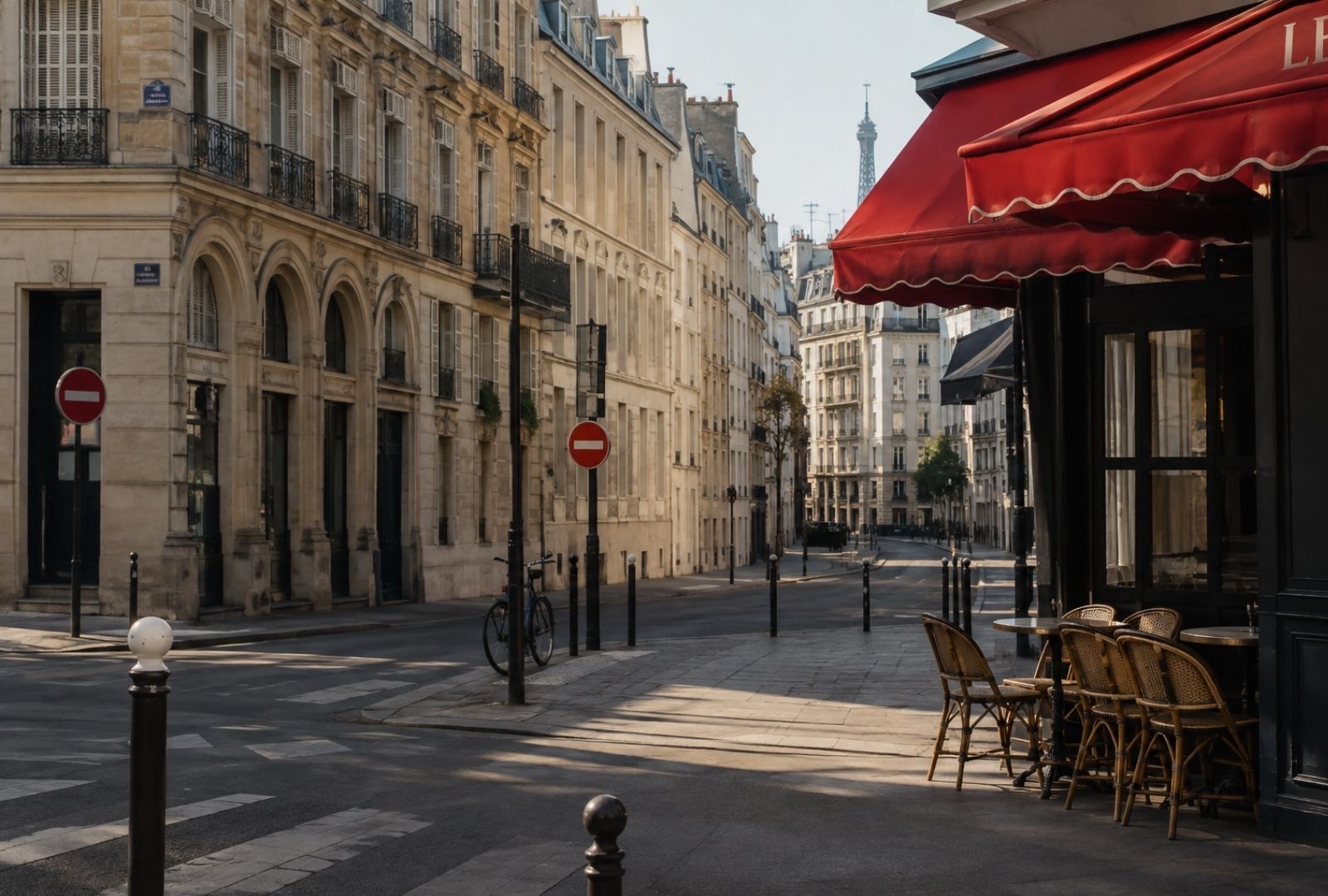 Traditional Parisian street with red awning and outdoor cafe seating
