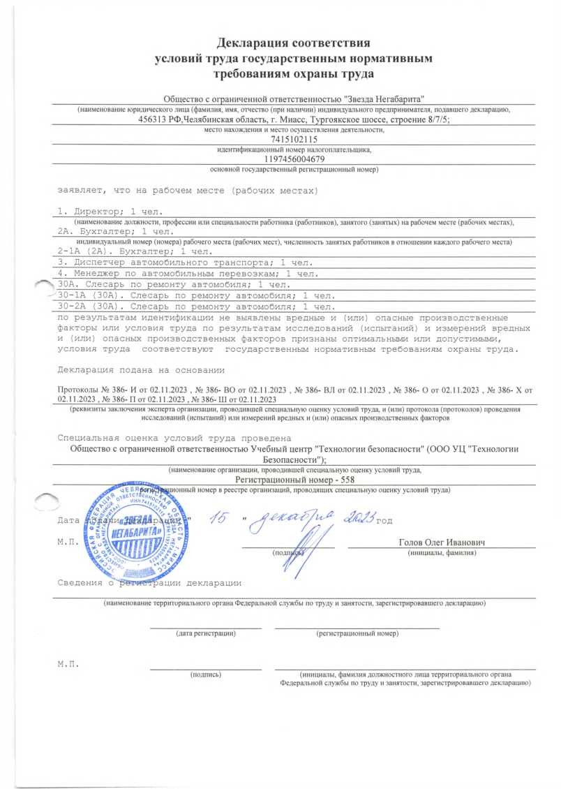 СОУТ 1 — Декларация соответствия условий труда
