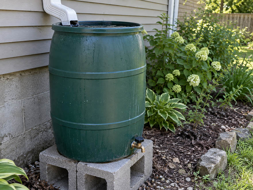 A DIY rain barrel setup on a raised stand under a downspout for garden watering
