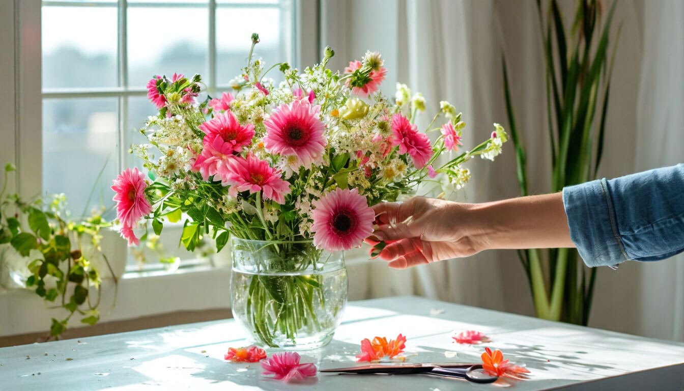 Fresh pink flower bouquet in a glass vase with natural light for flower care tips