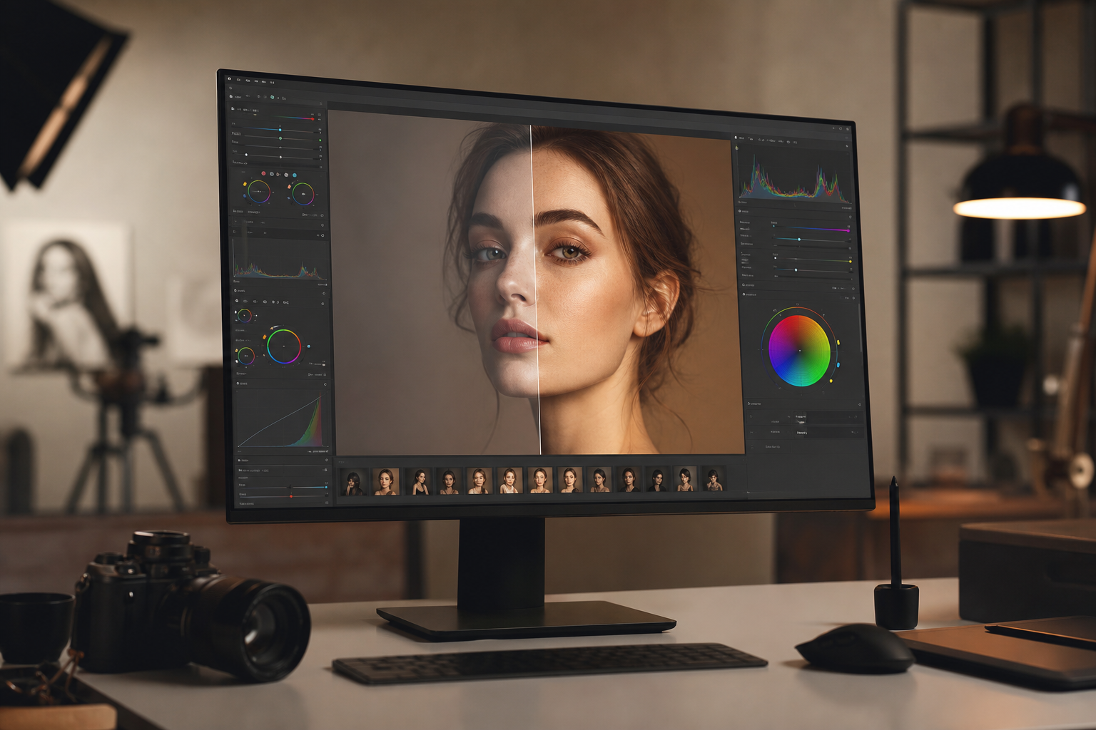 Capture One или Lightroom: портрет с AB-сравнением цвета и панелями цветокоррекции на мониторе