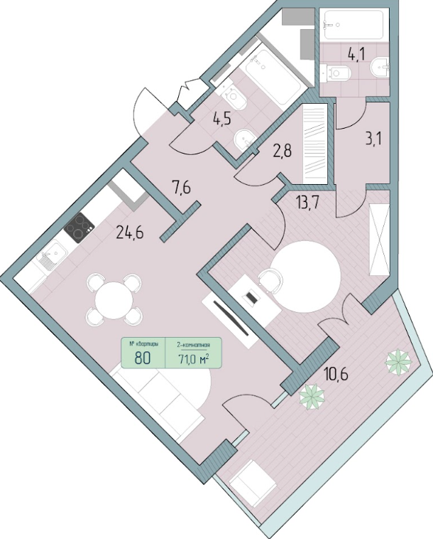 Планировка 2-комнатная 71 м²