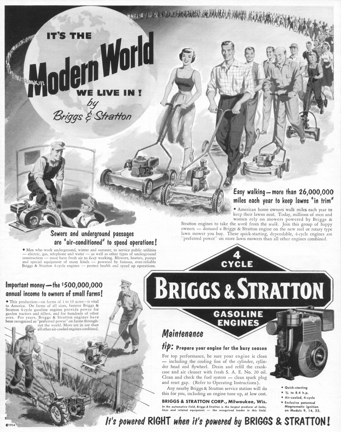 Реклама газонокосилок Briggs & Stratton в журнале Popular Mechanics, 1953 год