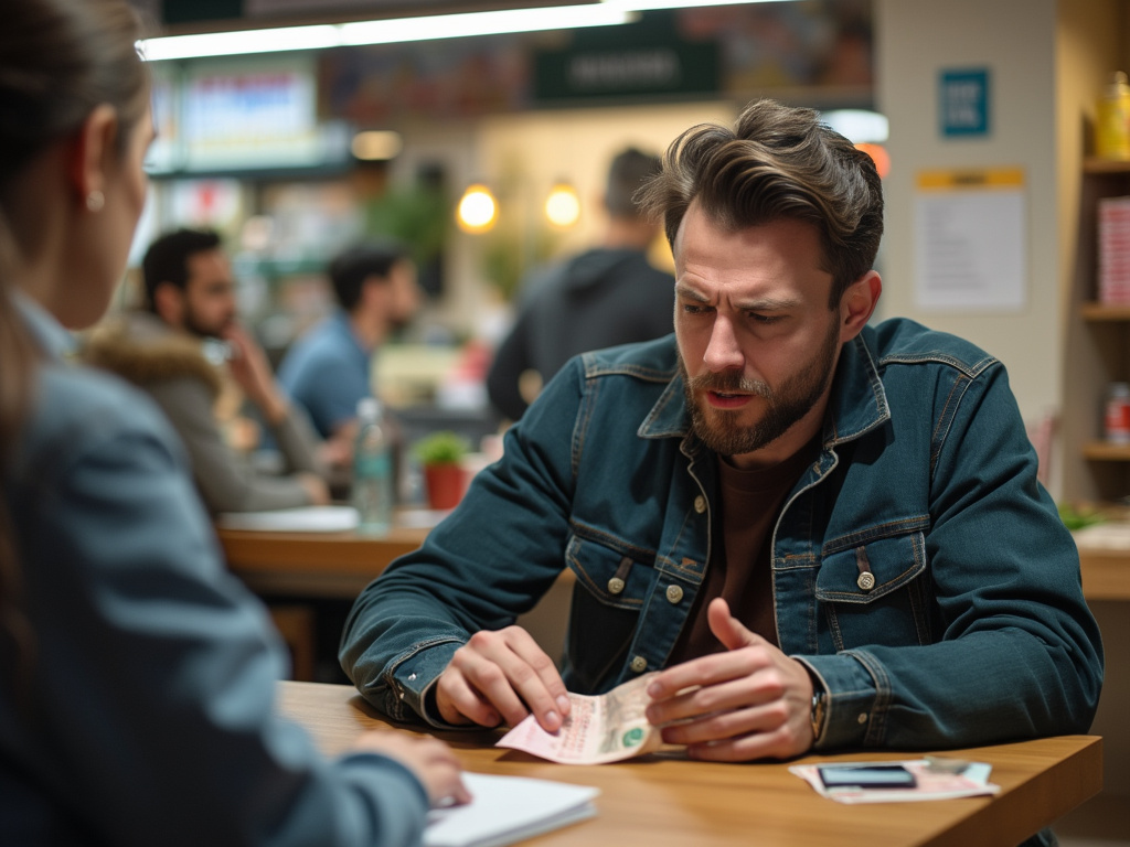 An angry man at a currency exchange realizes he’s been scammed somewhere. AI generation.