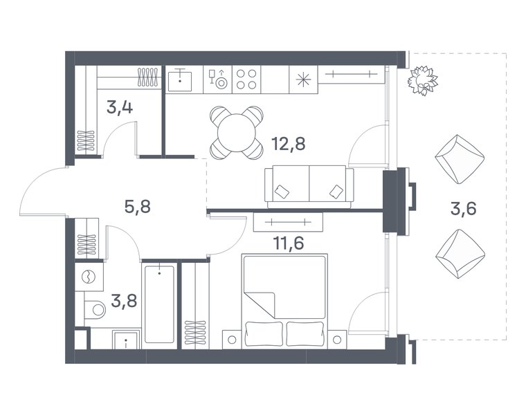 Планировка квартиры с 1 спальней 41 м² в ЖК Portland: корпус 8, секция 4, 2-й этаж