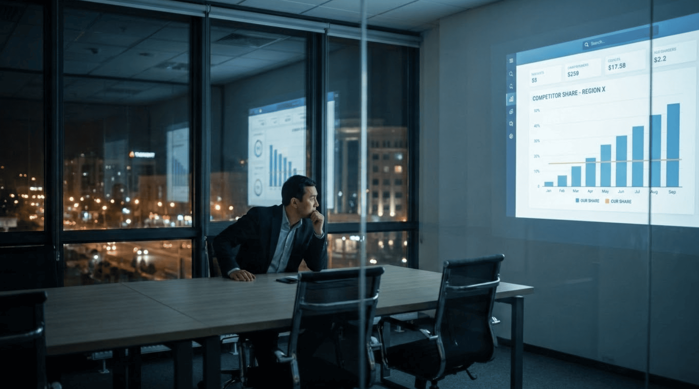 Marketing director reviewing competitor market share data late at night, illustrating the impact of delayed reporting and marketing analytics blind spots on strategic decisions.