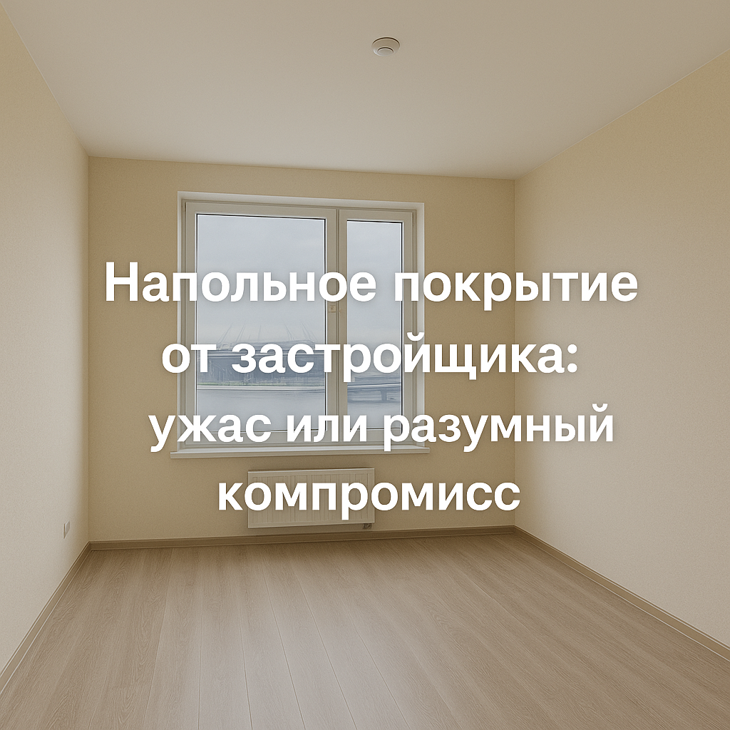 Светлая новостройка от застройщика с бюджетным ламинатом и видом на «Зенит Арену» в Санкт-Петербурге. Реальный пример того, как смотрится напольное покрытие от застройщика и почему стоит задуматься о замене пола на более качественный ламинат или SPC.