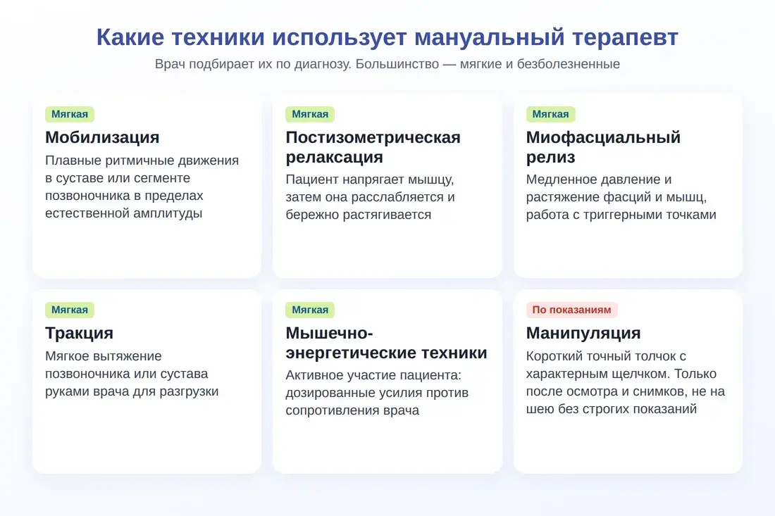Техники мануальной терапии: мобилизация, ПИР, миофасциальный релиз, тракция, мышечно-энергетические техники, манипуляция
