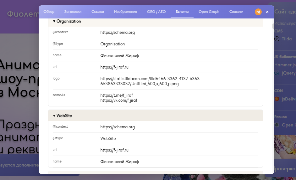 Структурированная разметка Schema.org сайта «Фиолетовый Жираф»: данные Organization и WebSite, логотип, адрес сайта и ссылки на социальные сети