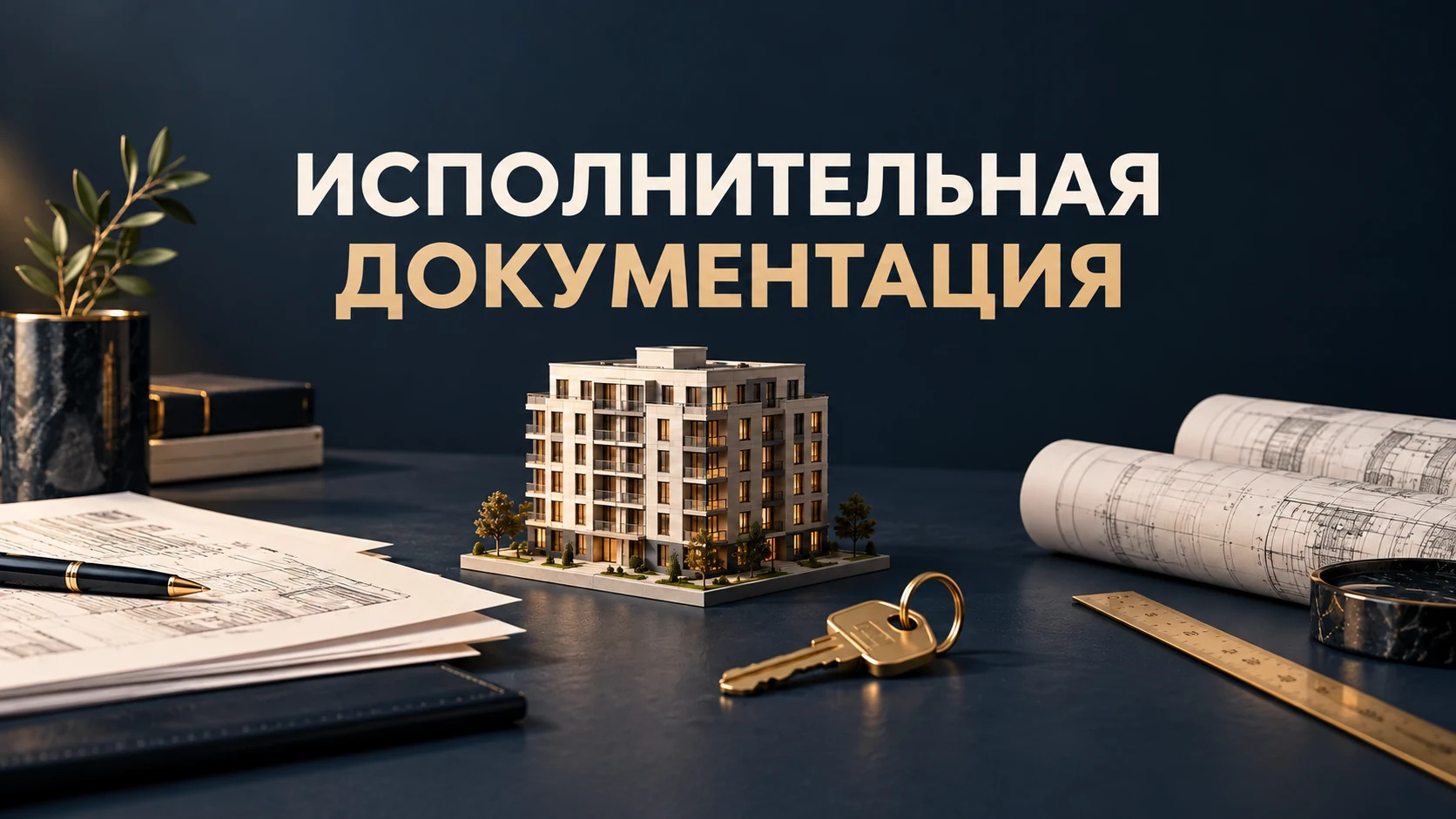 Концептуальная обложка: комплект исполнительной документации рядом с планом и макетом строительного объекта