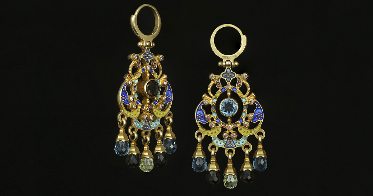 Серьги с эмалью топазом хризолитом и раухтопазом