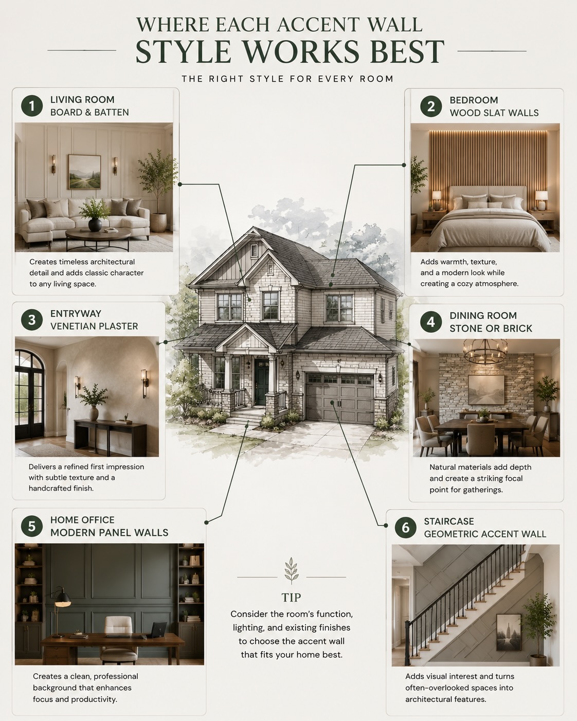 Architectural guide illustrating the best accent wall styles for living rooms, bedrooms, entryways, dining rooms, home offices, and staircases.