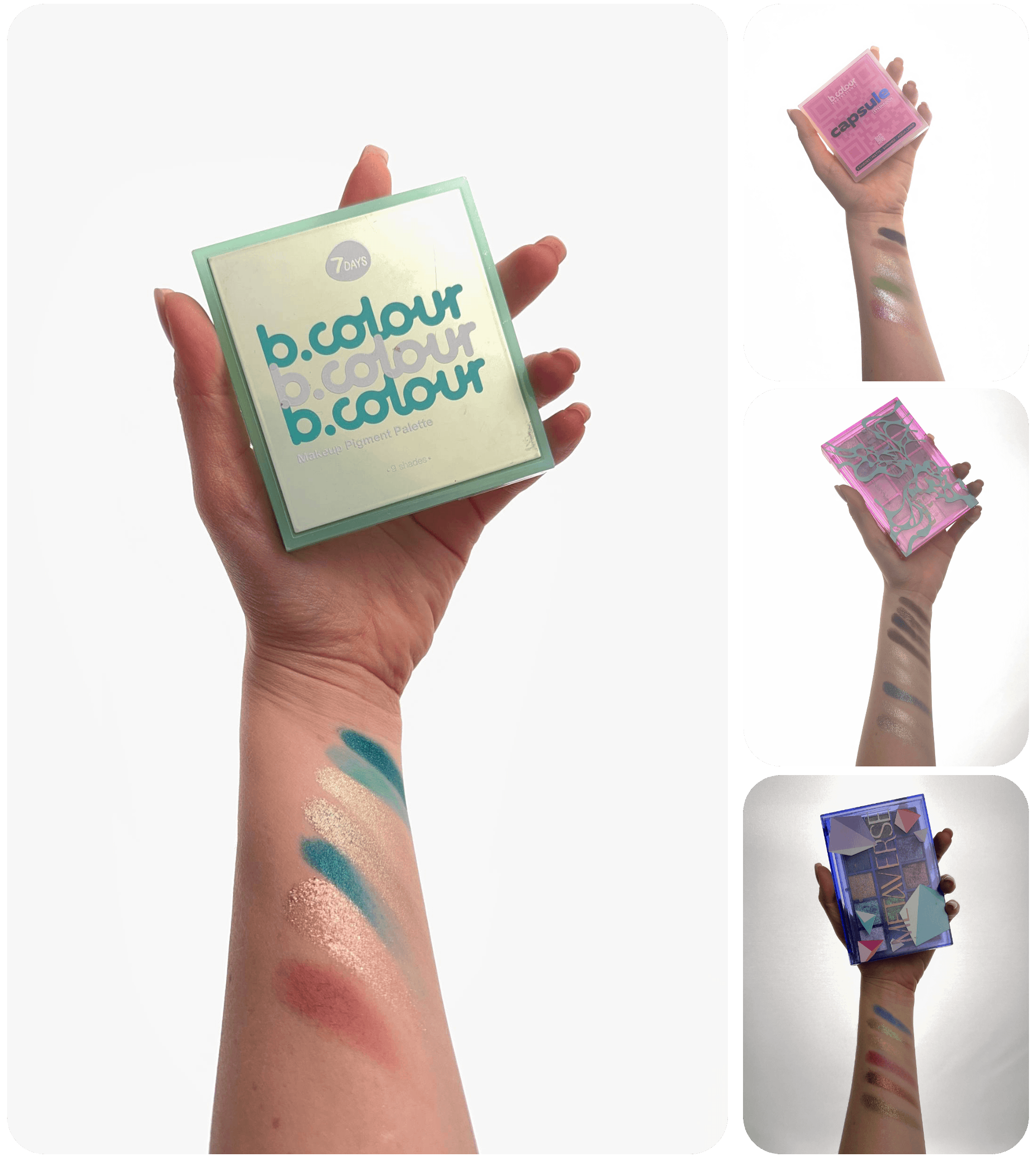 Хорошие бюджетные палетки теней с сиянием и дуохромами, свотчи на руке