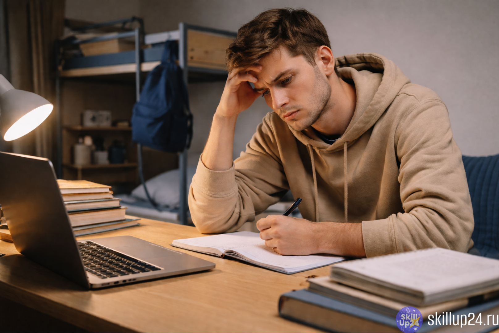 Студент 22 лет в комнате общежития — молодой человек за учебным столом с ноутбуком и учебниками, усталое и сосредоточенное выражение лица, атмосфера финансовой и бытовой уязвимости студентов-бюджетников. Иллюстрация к теме социальной справедливости, услов
