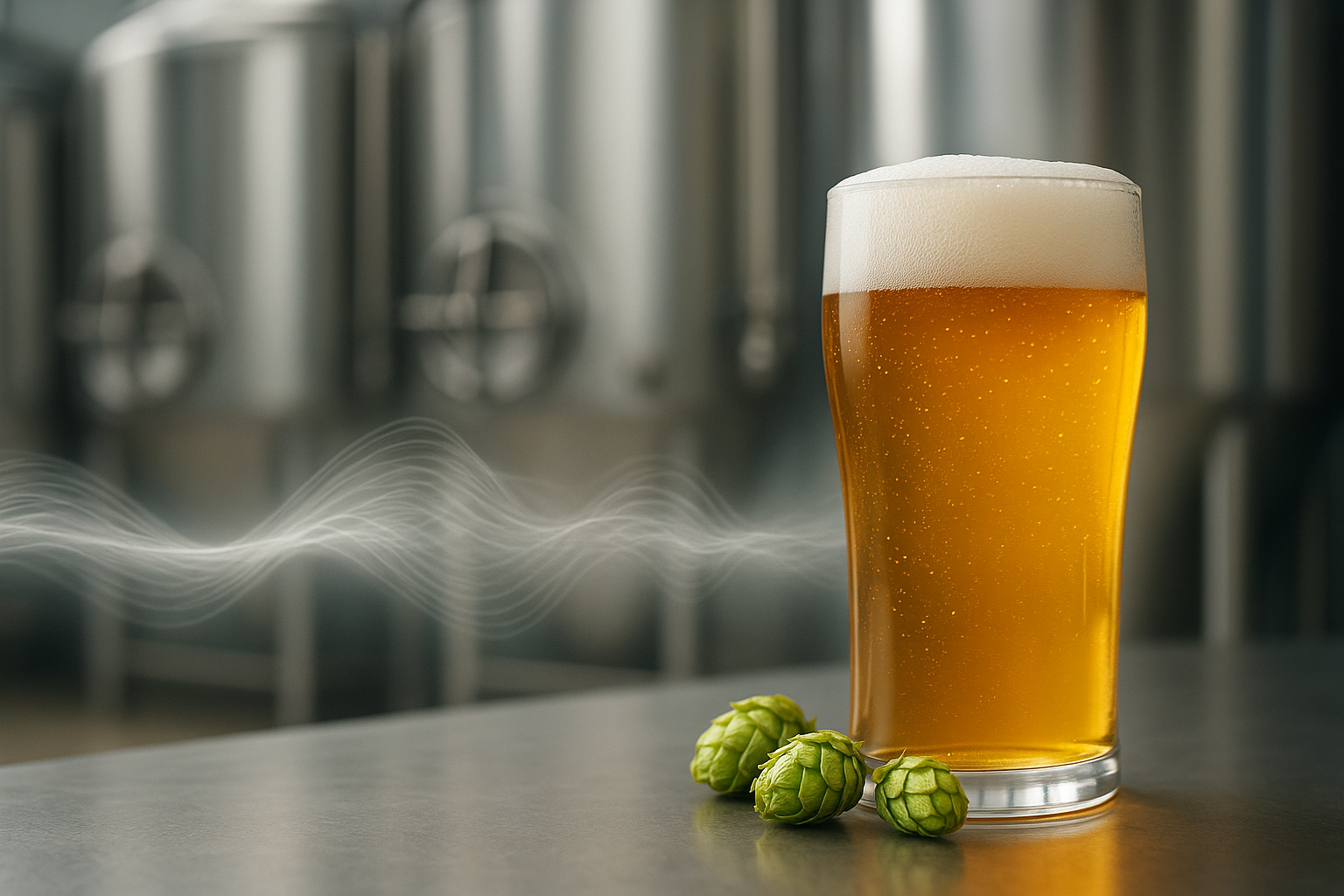 Бокал золотистого пива с плотной пеной на столе пивоварни; рядом шишки хмеля, на фоне — танки и белые звуковые волны, символизирующие «белый шум» в ферментации.