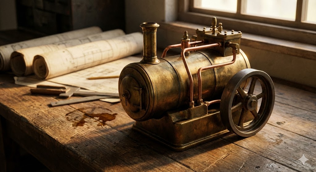 Модель парового двигателя на столе с чертежами