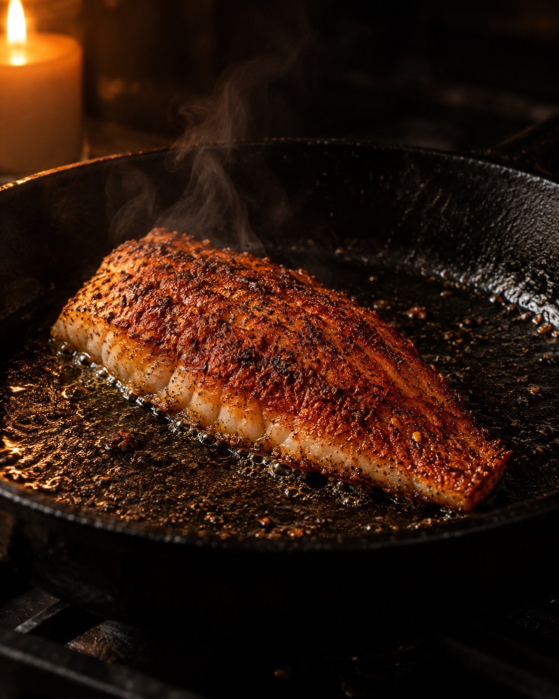 A red snapper fillet searing in a hot cast-iron skillet, the spice crust turning dark