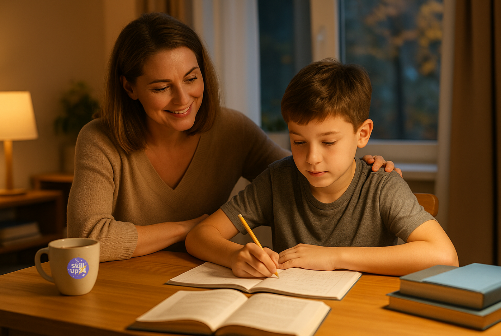 Мальчик 10–12 лет делает домашнее задание за столом при тёплом вечернем свете, рядом мама с улыбкой поддерживает его, уютная домашняя атмосфера, книги и окно с осенними листьями на заднем плане