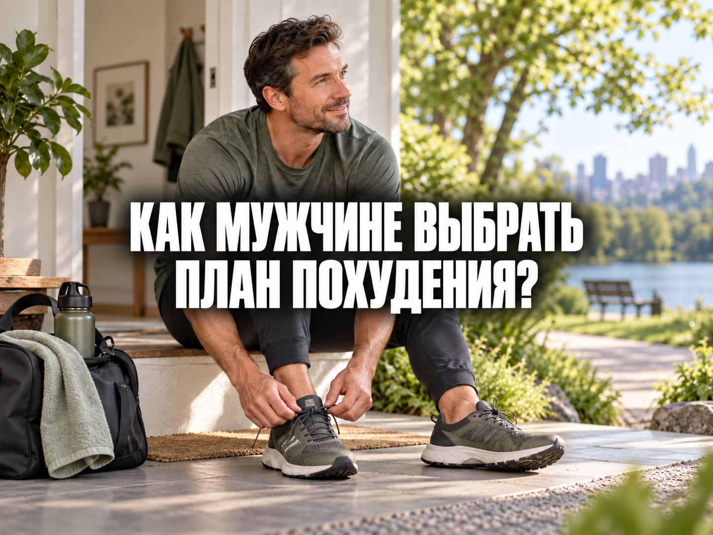 Мужчина завязывает кроссовки перед прогулкой; по центру фраза «КАК МУЖЧИНЕ ВЫБРАТЬ ПЛАН ПОХУДЕНИЯ?»