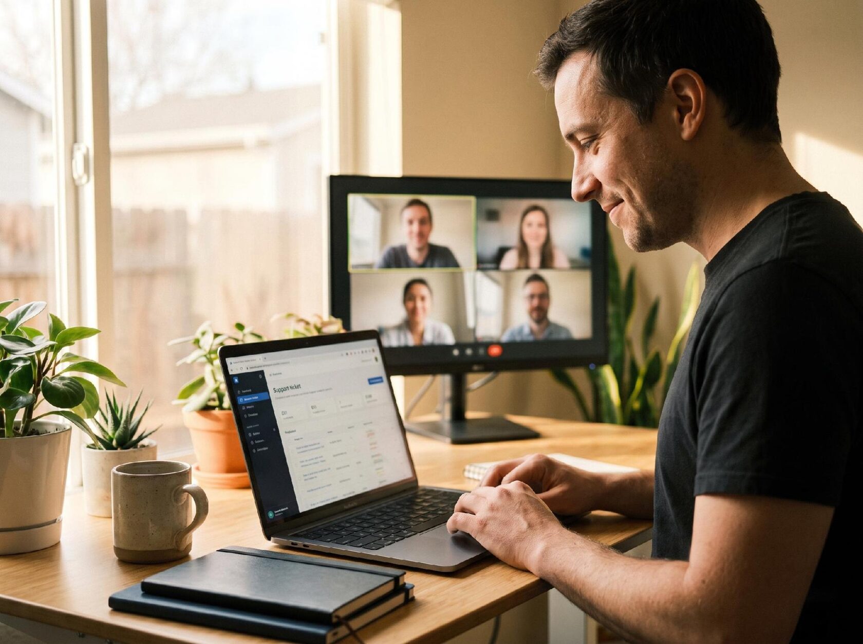 A founder at a small standing desk in a bright home-office, laptop open with a support dashboard visible, a small team visible via video call on a second screen