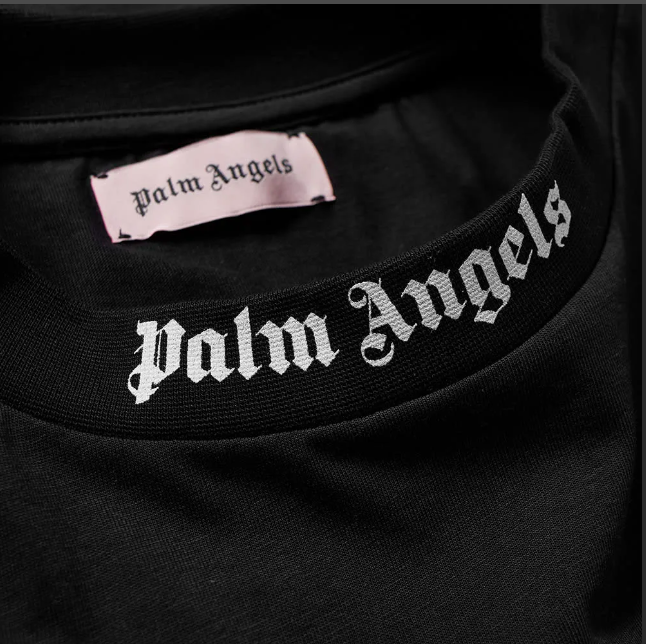 Одежда ангелс. Футболка Moncler Palm Angels мужская. Бренд Palm Angeles. Футболка с надписью на воротнике Palm Angels. Palm Angels одежда.