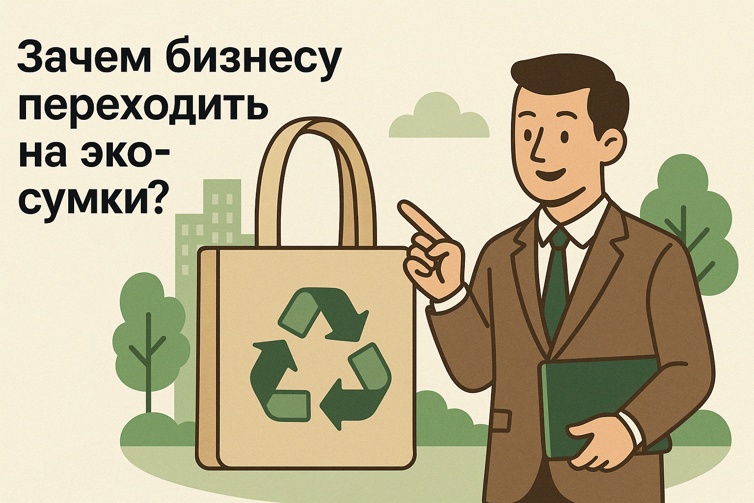 Бизнесмен указывает на эко-сумку с символом переработки на фоне города и деревьев — иллюстрация к статье «Зачем бизнесу переходить на эко-сумки?