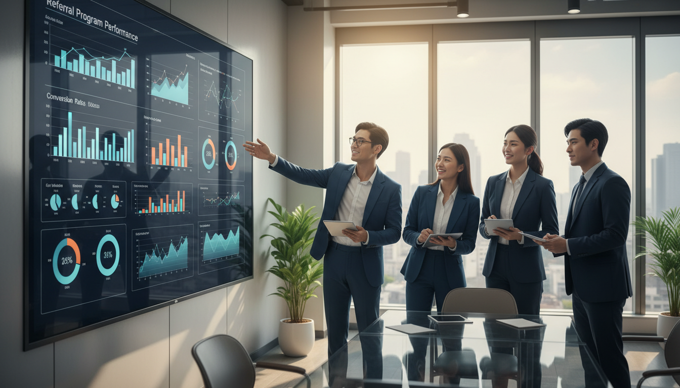 Professionals analyzing the results of a referral program.