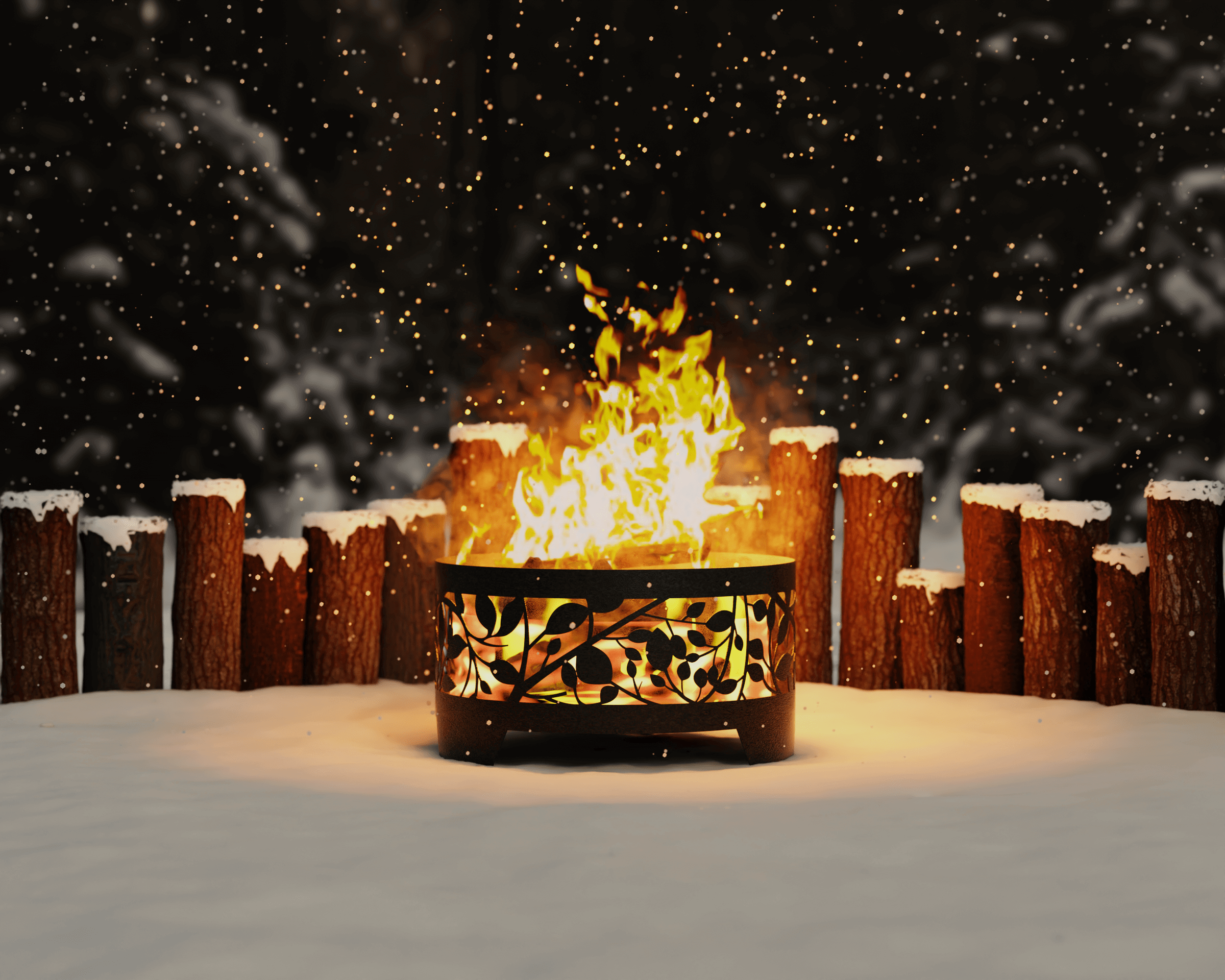 Костровая чаша Листики 65 см ночью