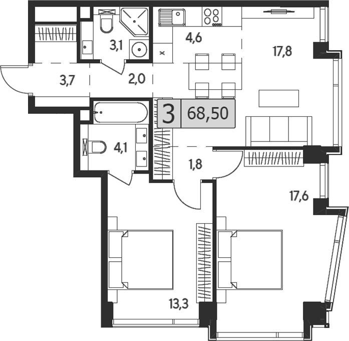 3-комн 68,50 м²