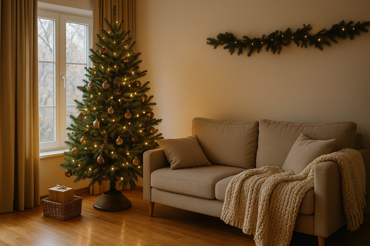 гостиная с натуральной живой ёлкой