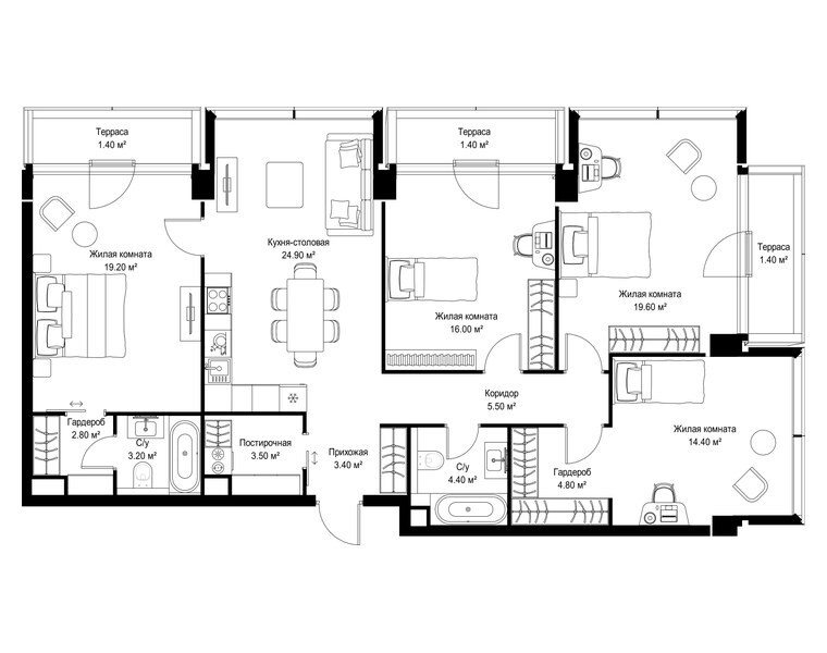 Планировка: 4-комнатная квартира 125,9 м² в ЖК «С5», корпус 1, 8-й этаж