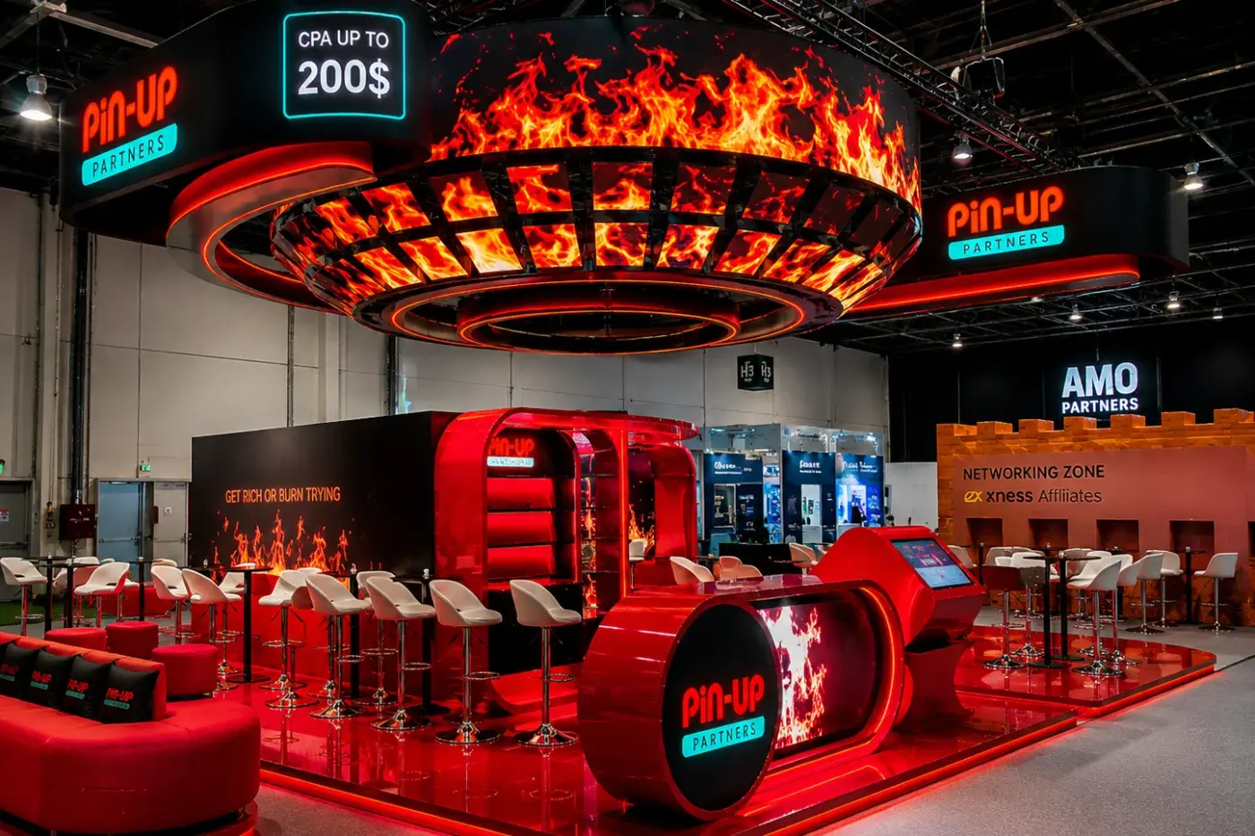 Dark themed stand with an illuminated product display