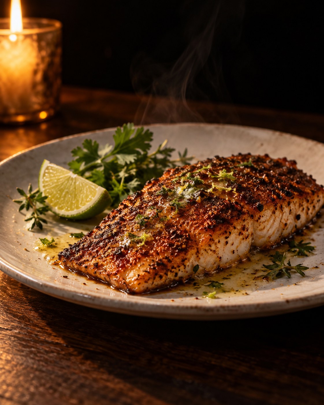 Seared red snapper fillet with a dark paprika and cayenne crust, lime zest butter and a lime wedge on a white plate, by Miami private chef Marina Staver