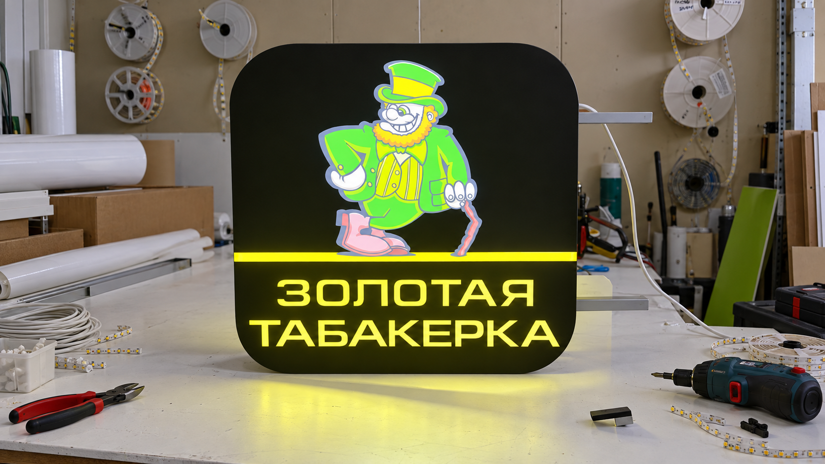 Изготовление световой вывески в цехе