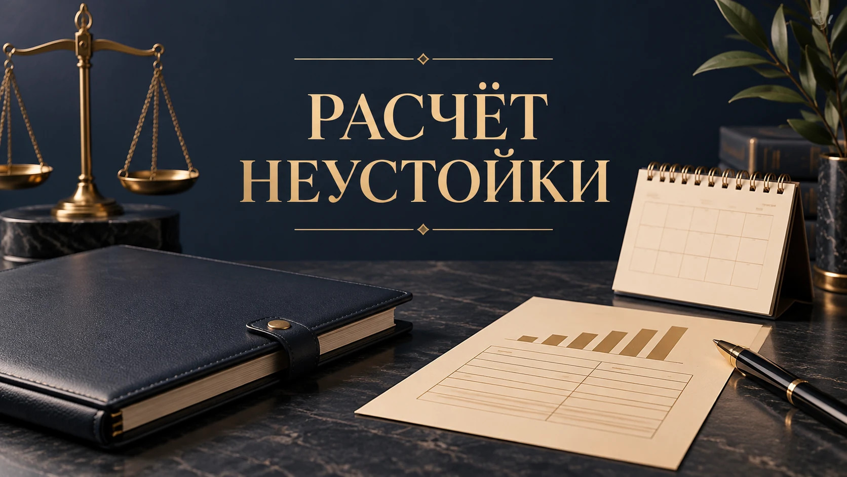 Концептуальная обложка о проверке расчёта неустойки: договор, календарь и расчётная схема на тёмно-синем фоне