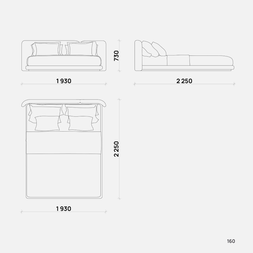 Современная кровать Cocoon от Simple Form с мягким изголовьем и изножьем, минималистичный дизайн, серый цвет, идеально для спальни в стиле лофт или модерн