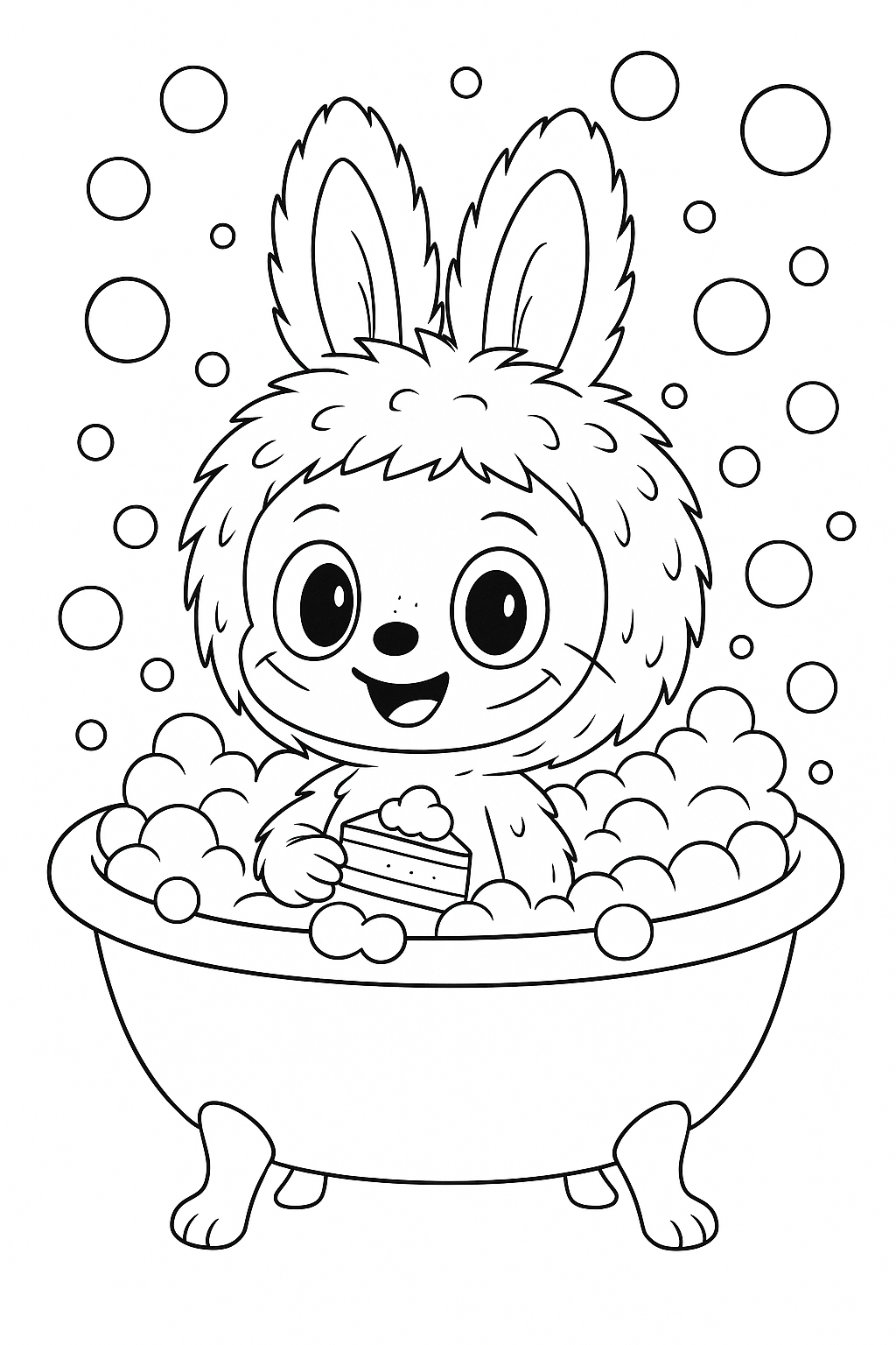 Черно-белая раскраска: персонаж Labubu сидит в ванной, вокруг него пена и мыльные пузырьки, которые летают в воздухе