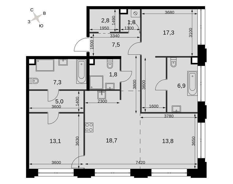 Планировка: 3-комнатная квартира 96,4 м² в ЖК «Сидней Прайм», корпус 3.1, 2-й этаж