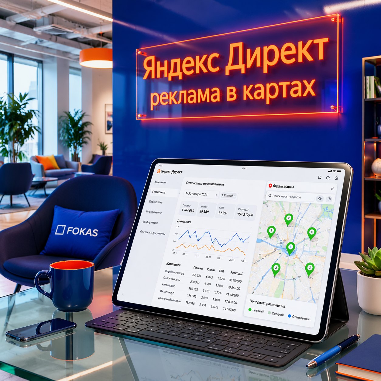 Аналитика эффективности рекламных кампаний на планшете в офисе с вывеской Яндекс Директ реклама в картах и фирменными цветами FOKAS