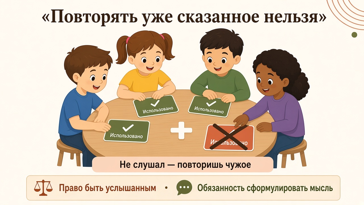 За столом уже названные идеи отмечены, повторять их нельзя