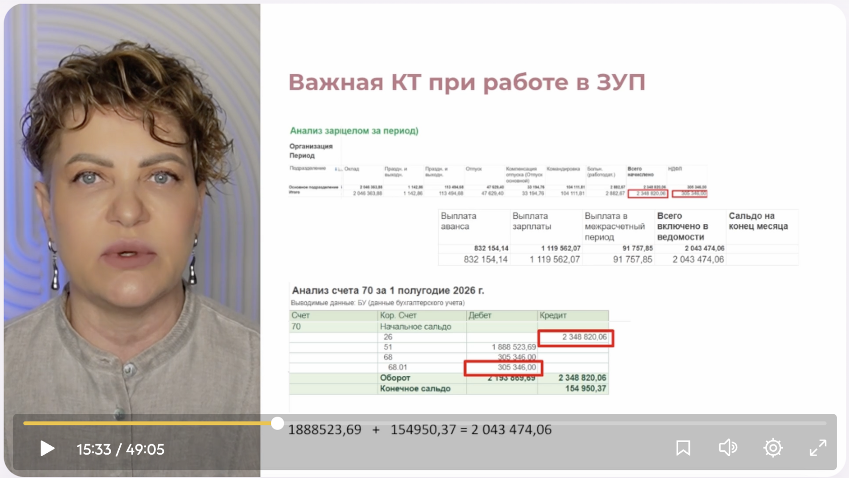 Ольга Бокова разбирает контрольную точку в ЗУП. На экране отчёты и анализ счёта 70 с выделенными суммами.