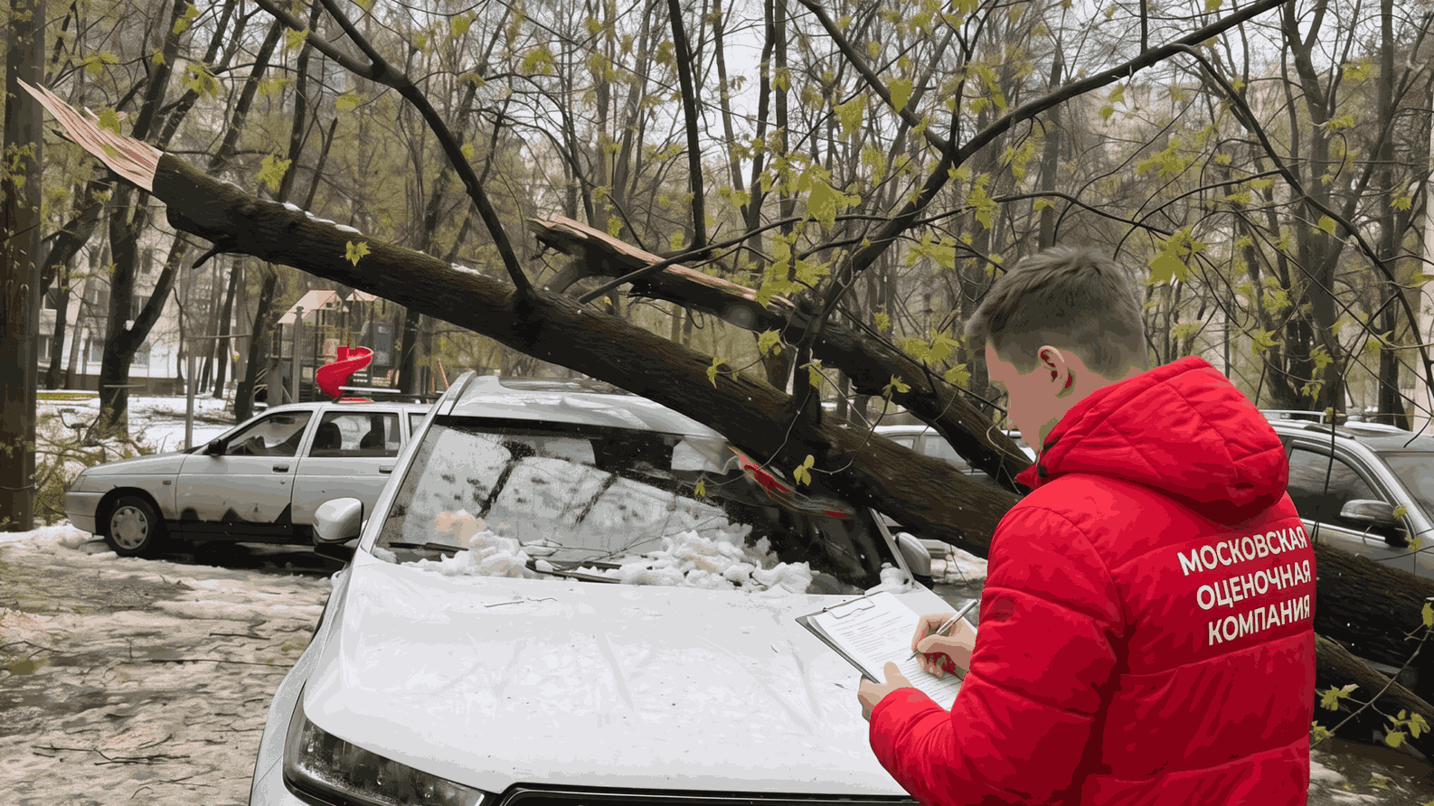 Дерево упало на автомобиле. Эксперт составляет акт осмотра.