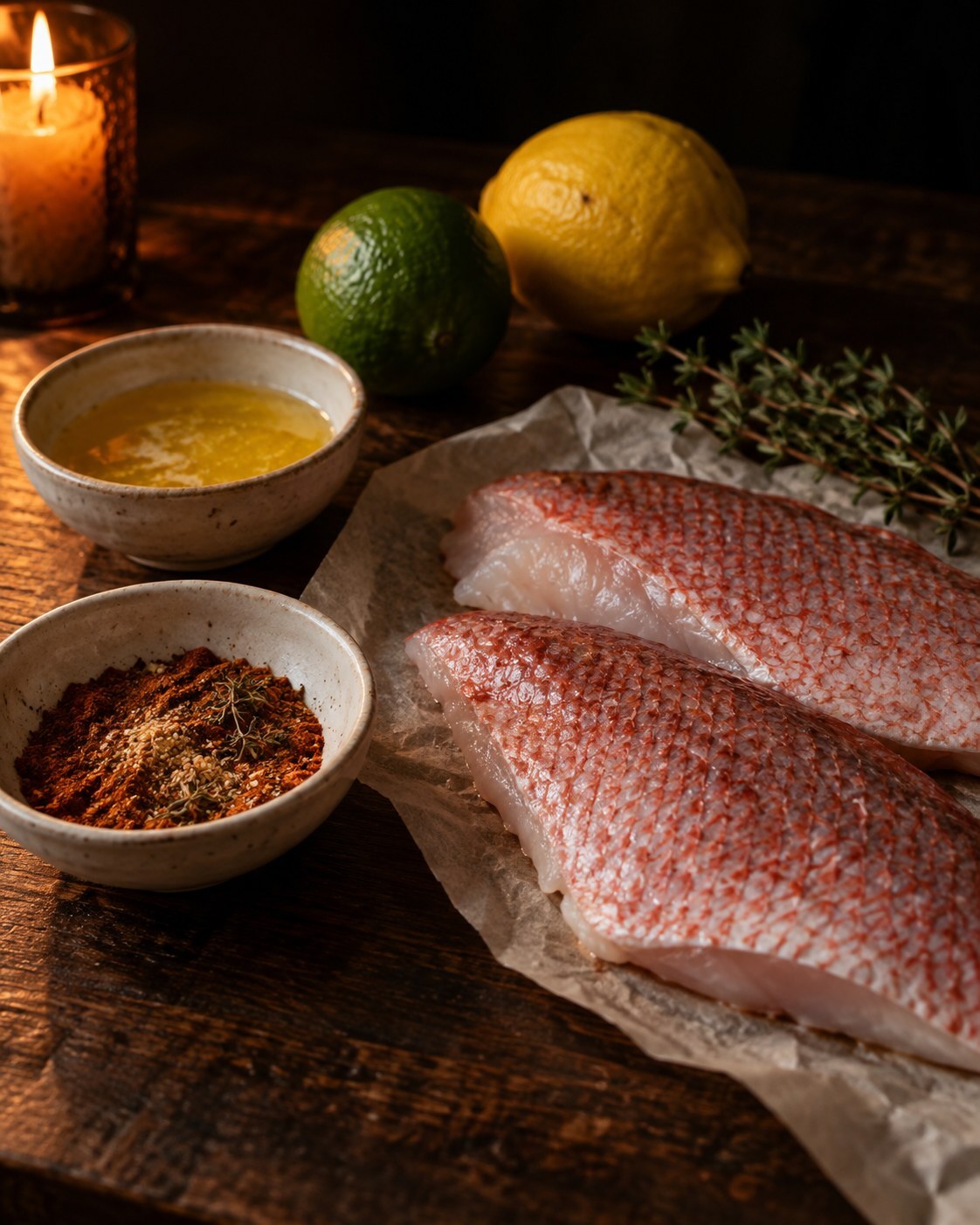 Ingredients for red snapper with paprika and cayenne: two snapper fillets, a dish of the spice mix, melted butter, a lime, a lemon and fresh thyme on a dark wood table