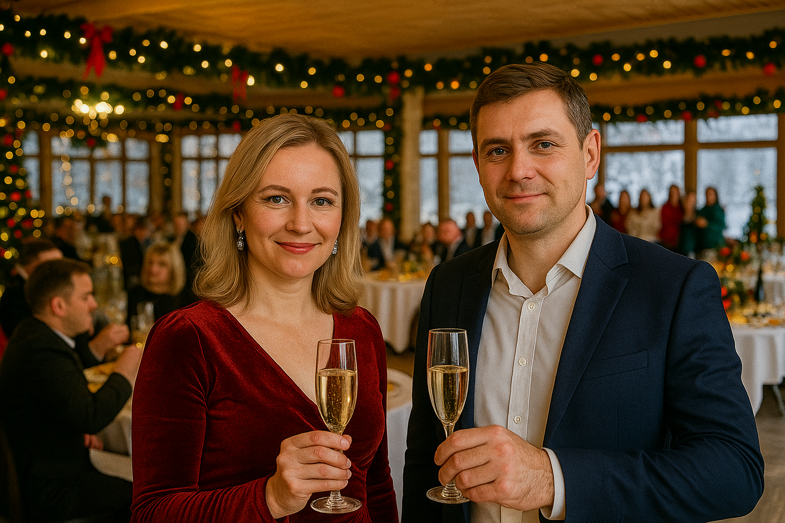 женское платье и мужской костюм на новогодний корпоратив