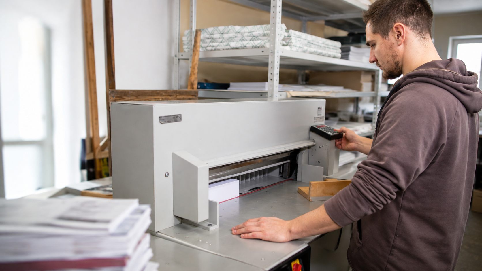 Worker using industrial paper cutter