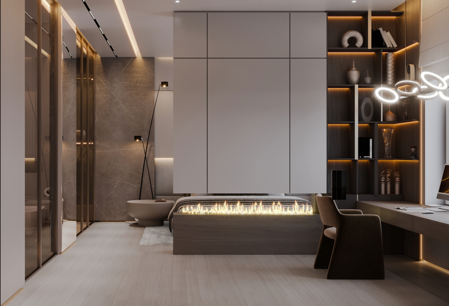 Дизайн интерьера камина холостяка с подвесной кухней, камином и кожаными акцентами