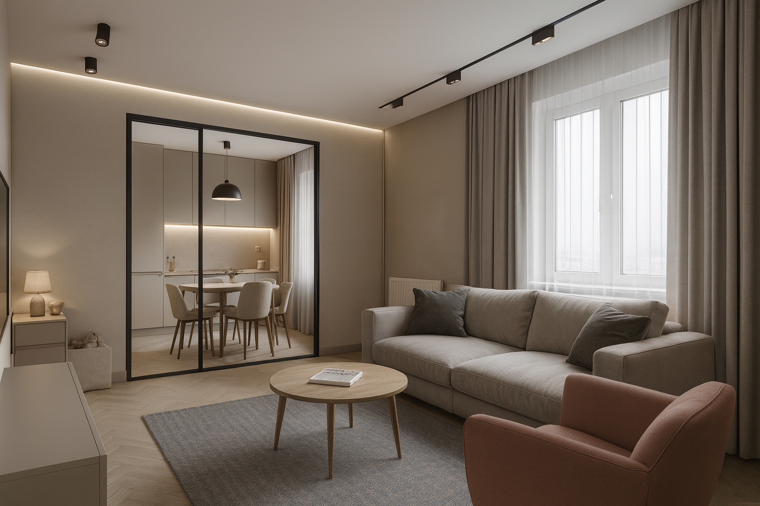 Современная семейная гостиная с кухней: серый диван, коралловое кресло и деревянный столик; за стеклянной перегородкой — кухня с обеденной группой, трековый свет, шторы из потолка.