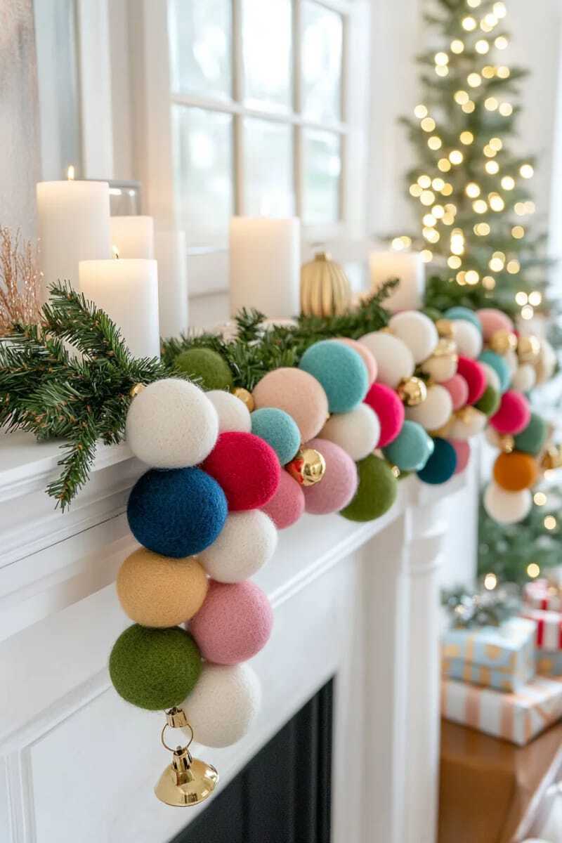 эффектная гирлянда из крупных разноцветных шерстяных бусин и крошечных золотых колокольчиков 1