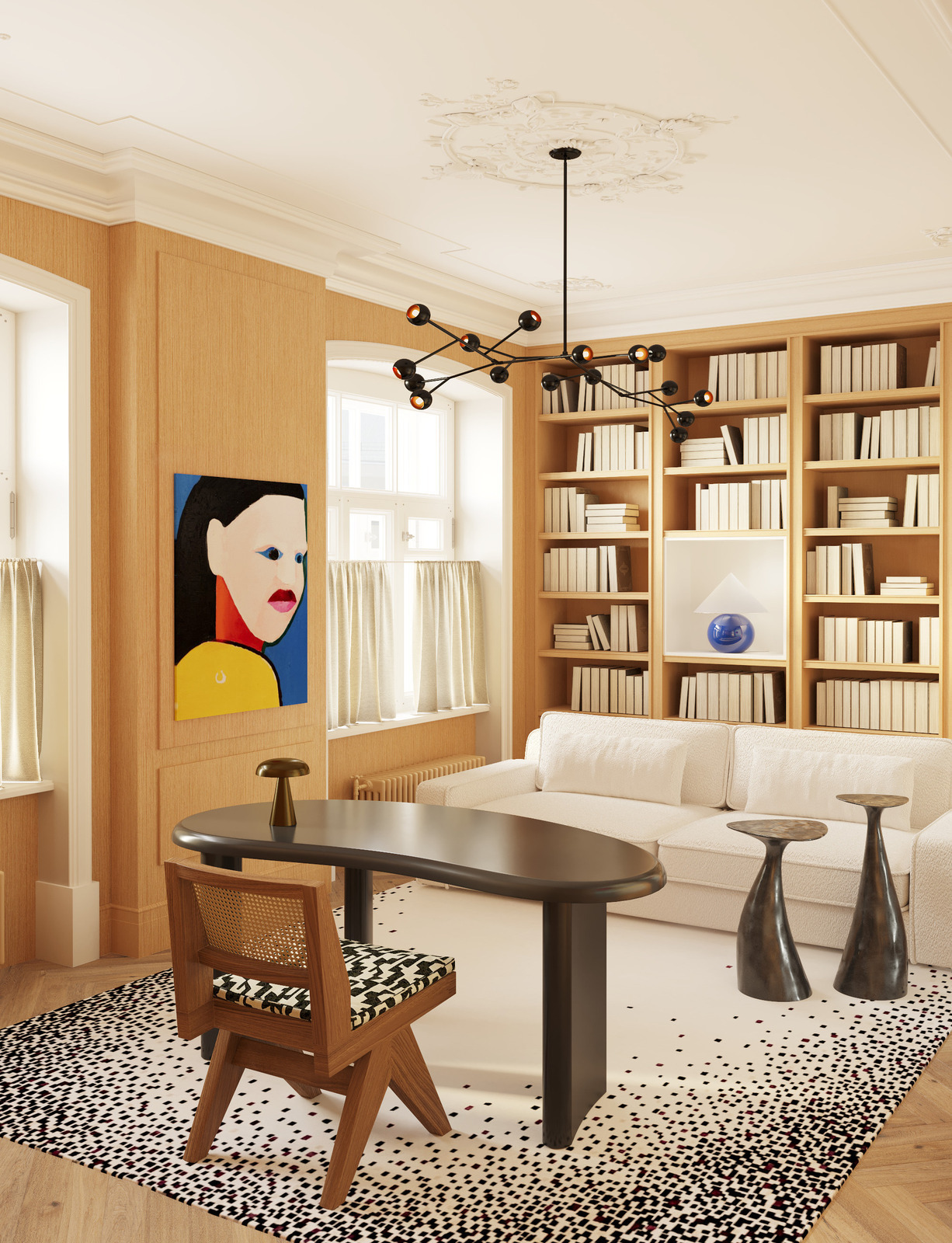 Светильник Pouenat, стол и стул Cassina, диван Meridiani, ковёр Atelier Fevrier в кабинете дизайн-проекта Екатерины Фёдоровой